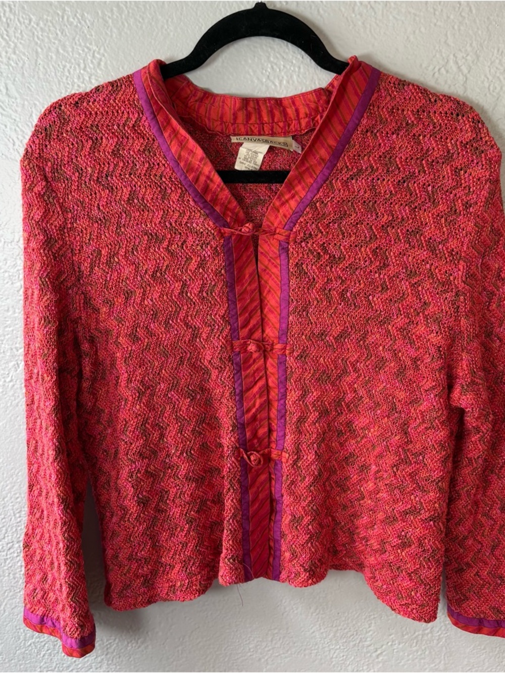 Vintage Bella Canvas Pink Textured Knit Cardigan with Purple Trim size large